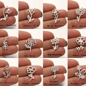 12 Months Birth Flower Stainless Steel Pendants DIY Charms Simple Hollow Floral Jewelry