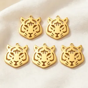 Schattige Cartoon Tijgerkop Roestvrij Staal DIY Hanger 18K Goud Verguld Hol Dier Charm Voor Sieraden Maken Accessoire
