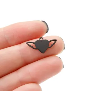 Small black heart angel wings metal pendant charm for DIY jewelry making accessories.