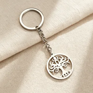 Stainless Steel Tree Of Life Keychain Round Hollow Geometric Pendant Car Bag Key Ring Ornament Gift For Men Women