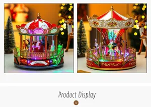 Christmas carousel music box with LED lights, festive desktop decoration and holiday gift.