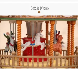 Detailed close-up view of the Christmas carousel music box, displaying festive toy decorations.