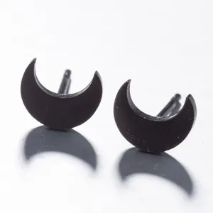 Minimalist black stainless steel crescent moon stud earrings for women, simple geometric jewelry.