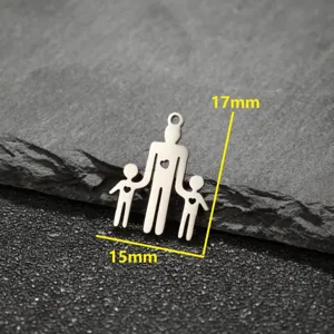 Stainless steel family pendant detail view, hollow heart design, compact size 15x17mm DIY accessory.