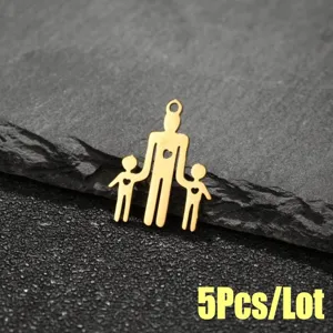Detailed view of gold stainless steel family hand in hand pendant, hollow heart DIY charm.