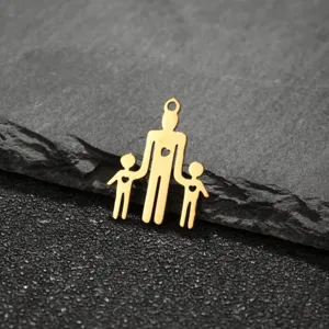 Stainless steel family silhouette pendant with hollow heart detail, golden finish DIY jewelry accessory.
