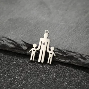 Stainless steel family dad and kids hand in hand pendant charm DIY jewelry detail view.