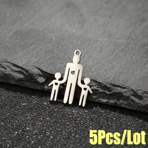 Stainless steel family holding hands pendant with hollow heart, DIY charm for handmade jewelry.