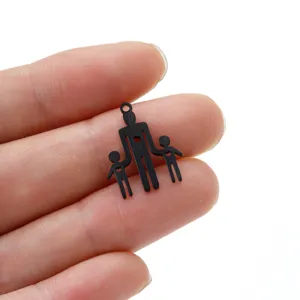 Stainless steel black family pendant detail, holding hands heart cutout diy accessory.
