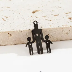 Close-up of black stainless steel family pendant with hollow heart design for DIY jewelry.
