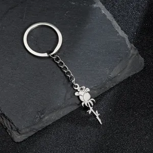 Stainless steel rose flower keychain pendant, vintage silver metal keyring accessory.