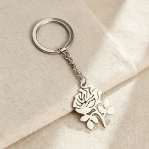 Stainless Steel Rose Flower Pendant Keychain Minimalist Floral Hollow Key Ring For Women Men Fashion Bag Accessories Gift