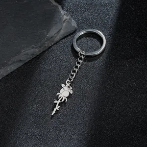 Stainless Steel Rose Flower Pendant Keychain Retro Silver Metal Key Ring Accessory Gift