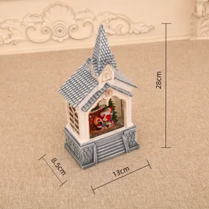 Weihnachtsschneekugel Kirchenlaterne Detailansicht mit Maßen und Weihnachtsmannfigur innen.