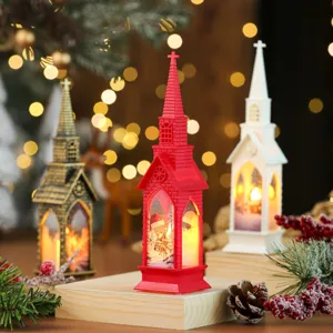 Detailed view of Christmas church night lights in red, white and bronze with warm glow.