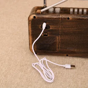 Vintage retro radio music player with USB charging cable and retro wood grain finish.
