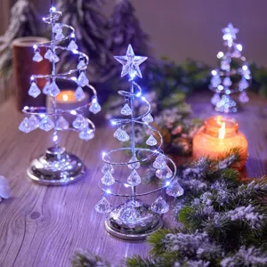 Illuminated crystal spiral Christmas tree desktop light with LED and hanging pendants.