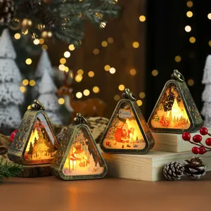 Vintage Christmas triangular LED night light, glowing desktop ornament for holiday home decor.