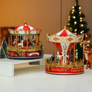 Christmas carousel music box decoration, red and white festive holiday desktop ornament gift