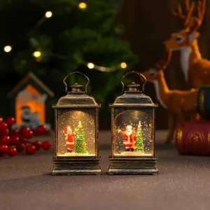 Detailed scene of glowing Christmas water lantern table decor with festive snow globe elements.