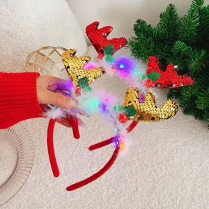 Weihnachtliche leuchtende Rentiergeweih Haarreif mit LEDs Pailletten Party Haarschmuck