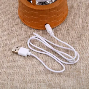 Detailed close-up view of USB power cable and connector plug for decorative music box base.