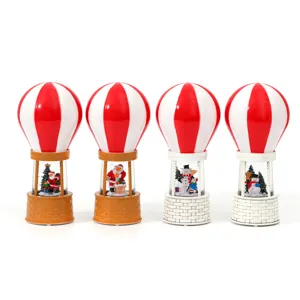 Christmas hot air balloon snow globe music box decoration, 4pcs set with santa and snowman.
