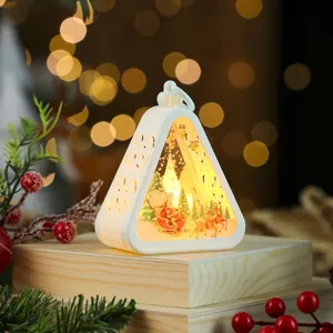 Christmas LED night light decorative triangular lantern with Santa Claus and reindeer print.