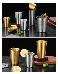 Tasse en acier inoxydable, détail du gobelet métallique à bord roulé pour le camping et bar.