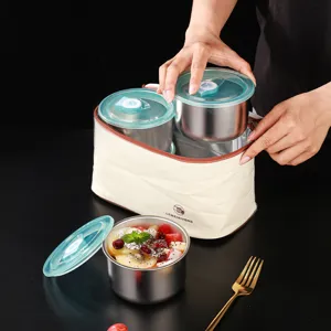 Stainless steel insulated lunch bag set with bowls and lids, durable baby food storage.