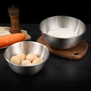 Stainless steel mixing bowl detail, clear inner capacity scale marks for baking kitchen cooking.