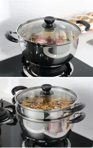 Stainless steel soup pot steamer double layer kitchen cookware with glass lid for gas induction cooker