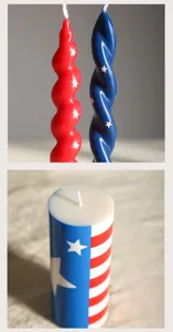 Detailed close-up of spiral and pillar scented candles with patriotic star and stripe designs.