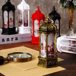 Retro hexagonal Christmas decorative lantern with LED candle light and snowman snow globe design.