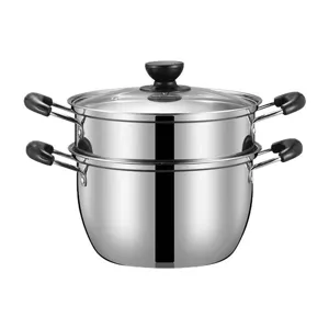 Stainless steel double layer steamer pot and soup pot with glass lid for kitchen cooking.