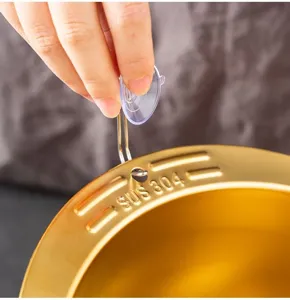 Close-up of 304 stainless steel rice washing basin detail, showing hanging hole and suction hook.