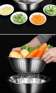 Stainless steel kitchen colander set, multi-functional draining basin for washing vegetables and fruits.