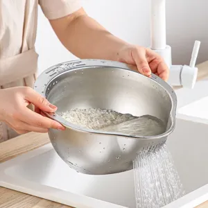 Stainless Steel Rice Washing Basin Creative Slanted Bottom Drain Basket Household Kitchen Vegetable Fruit Colander