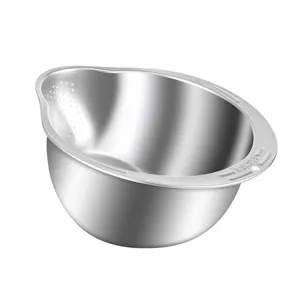 Stainless steel rice washing basin with slanted bottom and side drainage holes, main view.