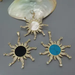 Vintage Sun Totem Pendant Only (Without Chain) Copper Gold Plated White Mother of Pearl Black Agate Turquoise Zirconia DIY Jewelry Charm