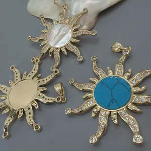 Detailed view of vintage sun pendant DIY jewelry accessories with mother of pearl and turquoise.