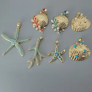 Ozean-Stil Seestern Muschel Koralle Anhänger Damen Kupfer Türkis Künstliche Perle Strass Schmuck Anhänger Ohne Kette