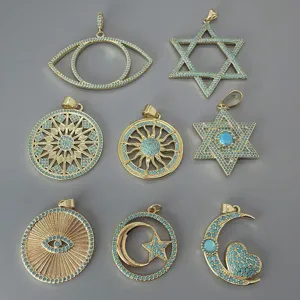 Kupfer Türkis Böser Blick Anhänger Hexagramm Sonne Mond Stern Anhänger Ohne Kette DIY Schmuck Handwerk Charme Für Halsketten