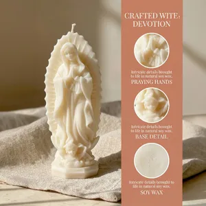 Handmade soy wax praying girl scented candle detail view, elegant home decor gift.