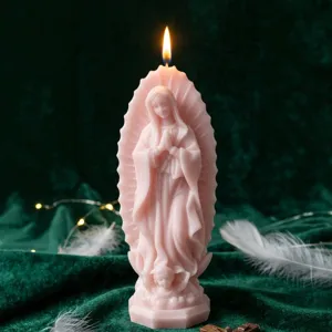 Praying girl shaped scented candle detail, elegant virgin mary wax ornament for home decor.