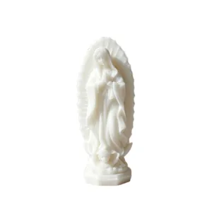 White Virgin Mary prayer statue scented candle, elegant religious home decor ornament.