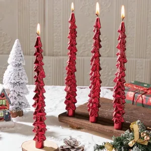 Red Christmas tree taper candles, festive holiday home decor dinner candles for winter party decor.