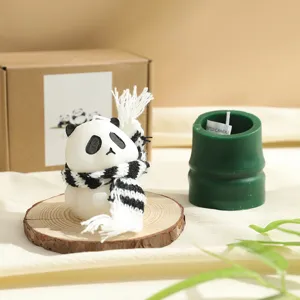 Joli coffret de bougies parfumées panda et bambou, cadeau de cire décoratif fait main pour fête.