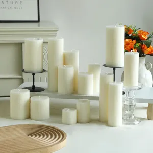 Nordic white striped pillar scented candles set, elegant decorative wax candles for home decor.