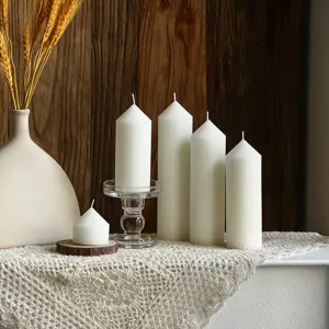 Nordic minimalist white striped pillar candles set with glass holder and wooden base for home decor.